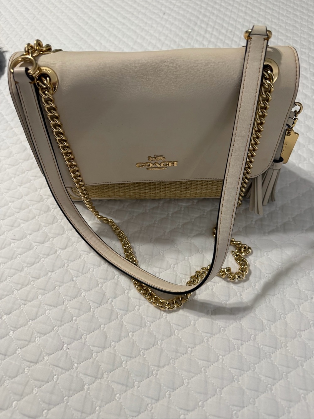 Coach Cream Leather Shoulder Bag with Woven Accent and Gold Chain